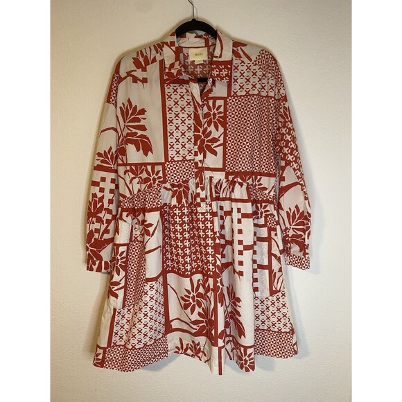 Maeve Anthropologie Dresses & Skirts - Maeve Anthropologie Floral Geometric Red & White Dress Long Sleeve Size M